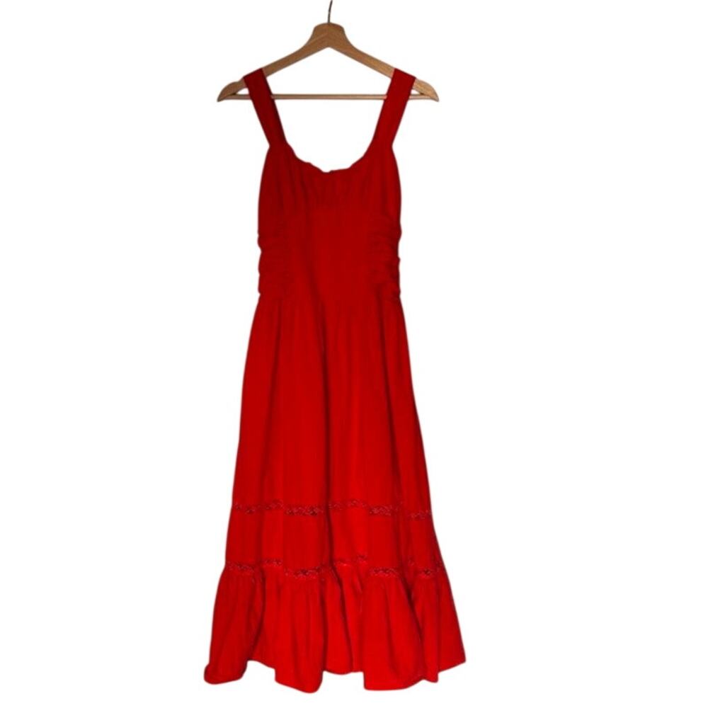 Olivaceous Red Midi Sundress Size M Shirred Ruffle Lace Lined Boho Festival